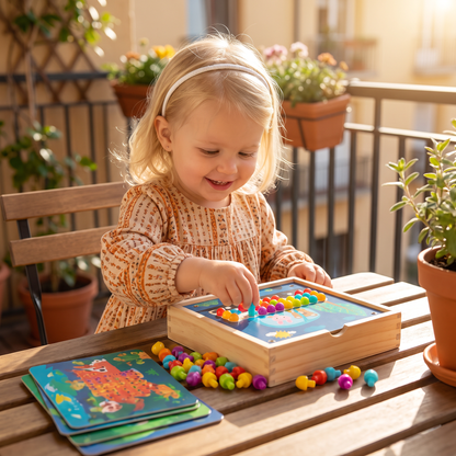 4-i-1 Montessori Sensorisk Reseaktivitetstavla i Trä med Kugghjul och Färgglada Pluggar