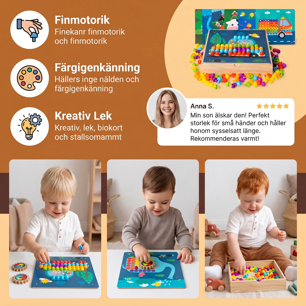 4-i-1 Montessori Sensorisk Reseaktivitetstavla i Trä med Kugghjul och Färgglada Pluggar