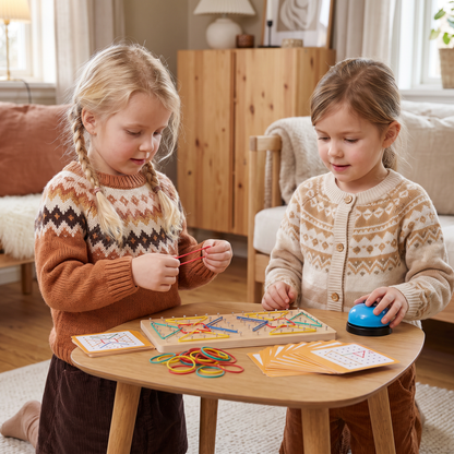 Montessori Geometriskt Duelspel i Trä med Färgglada Gummiband