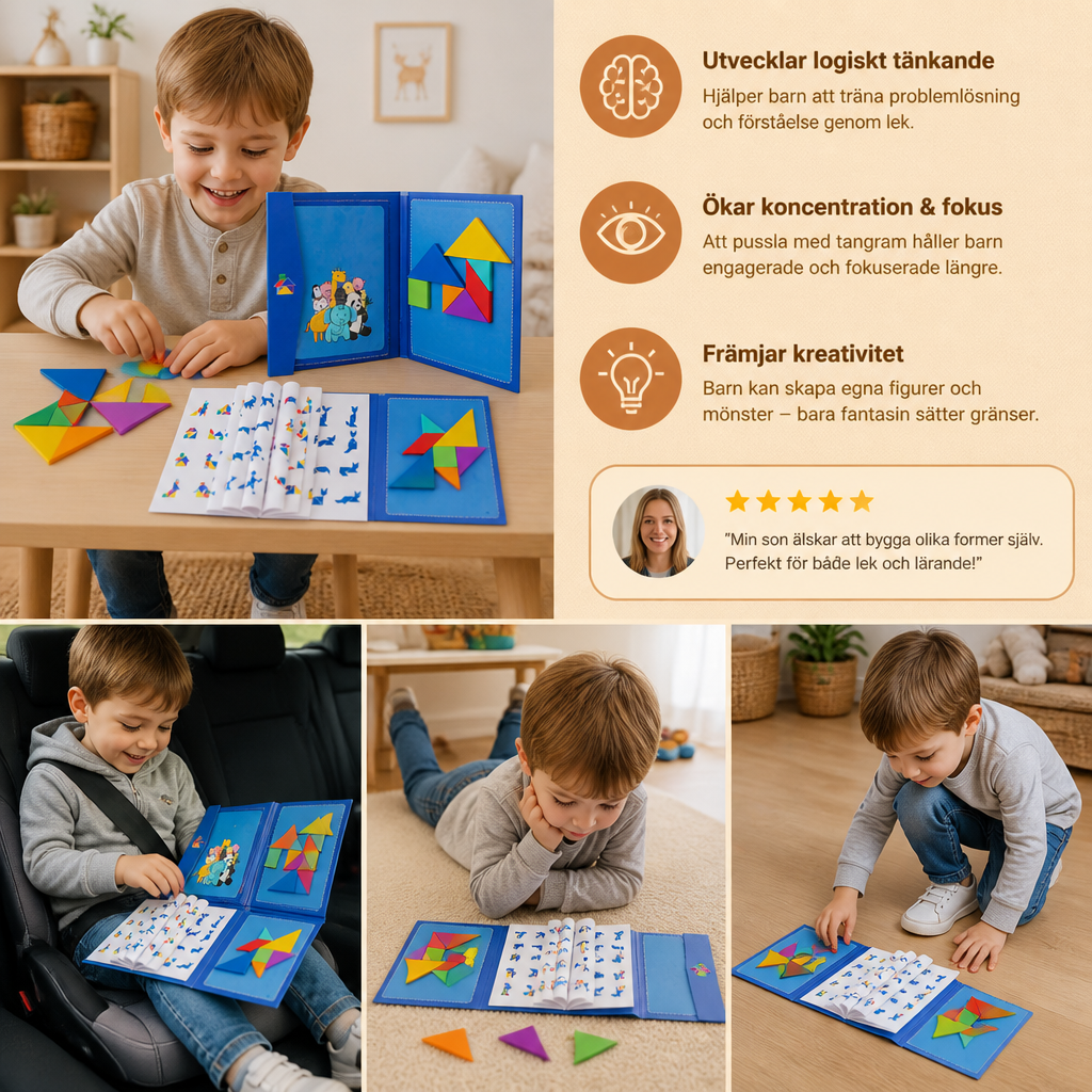 Bärbar Montessori Magnetisk Tangram-Pusselbok I Trä