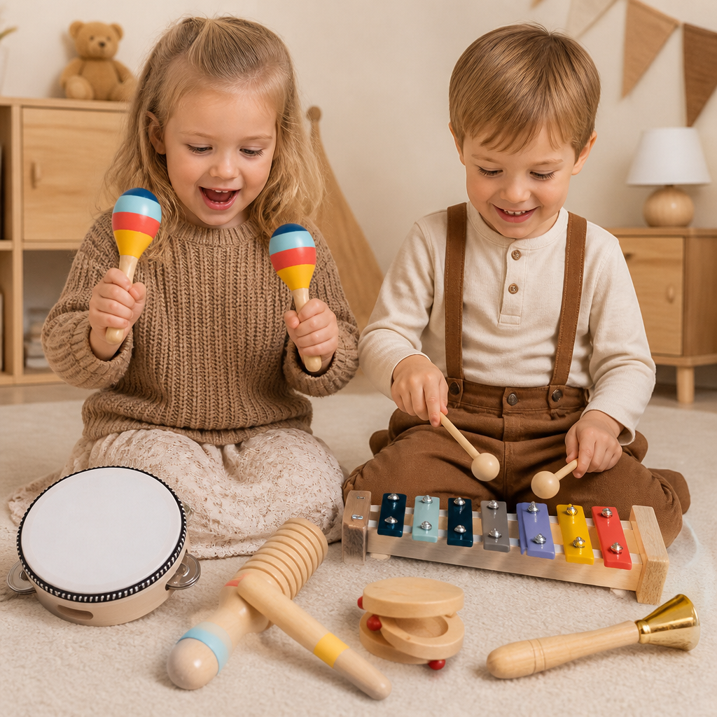 Musikinstrumentset i trä – Montessori-slagverk och rytmleksaker för barn