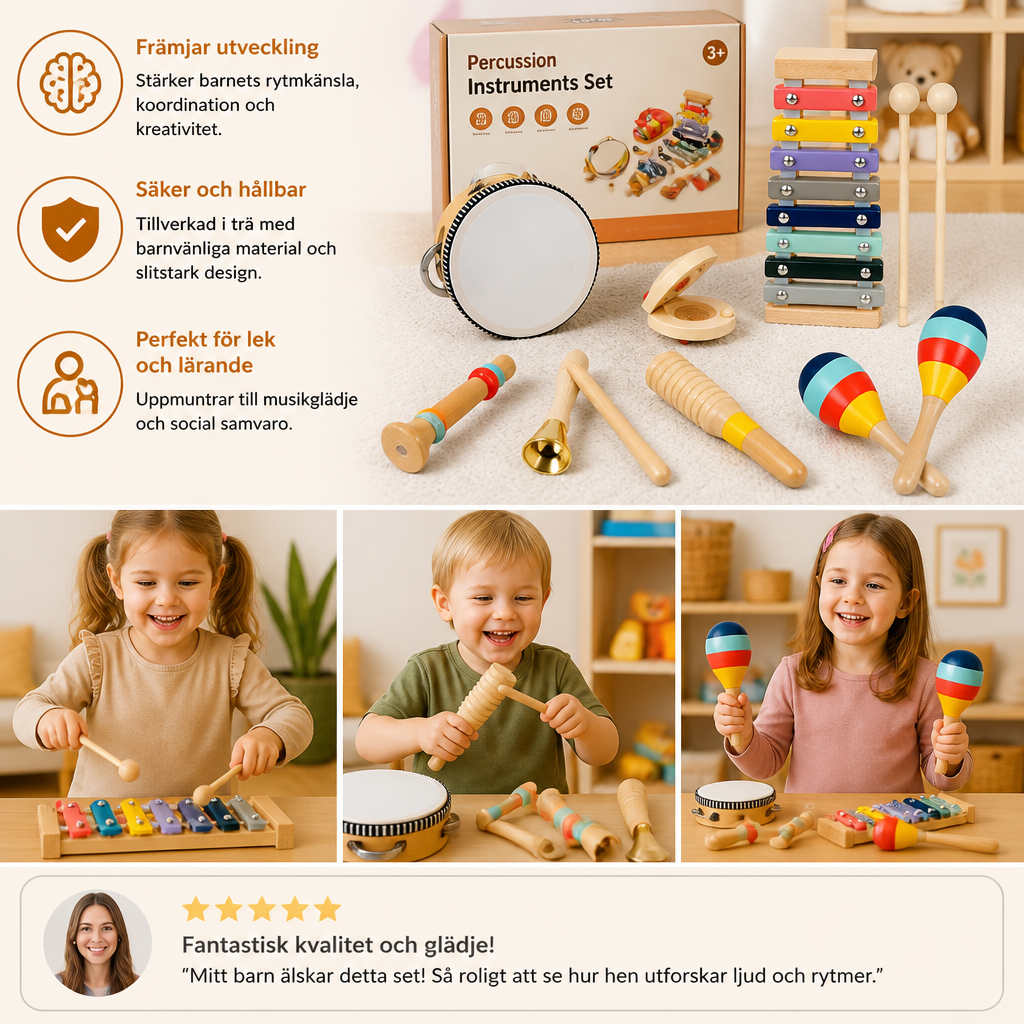 Musikinstrumentset i trä – Montessori-slagverk och rytmleksaker för barn
