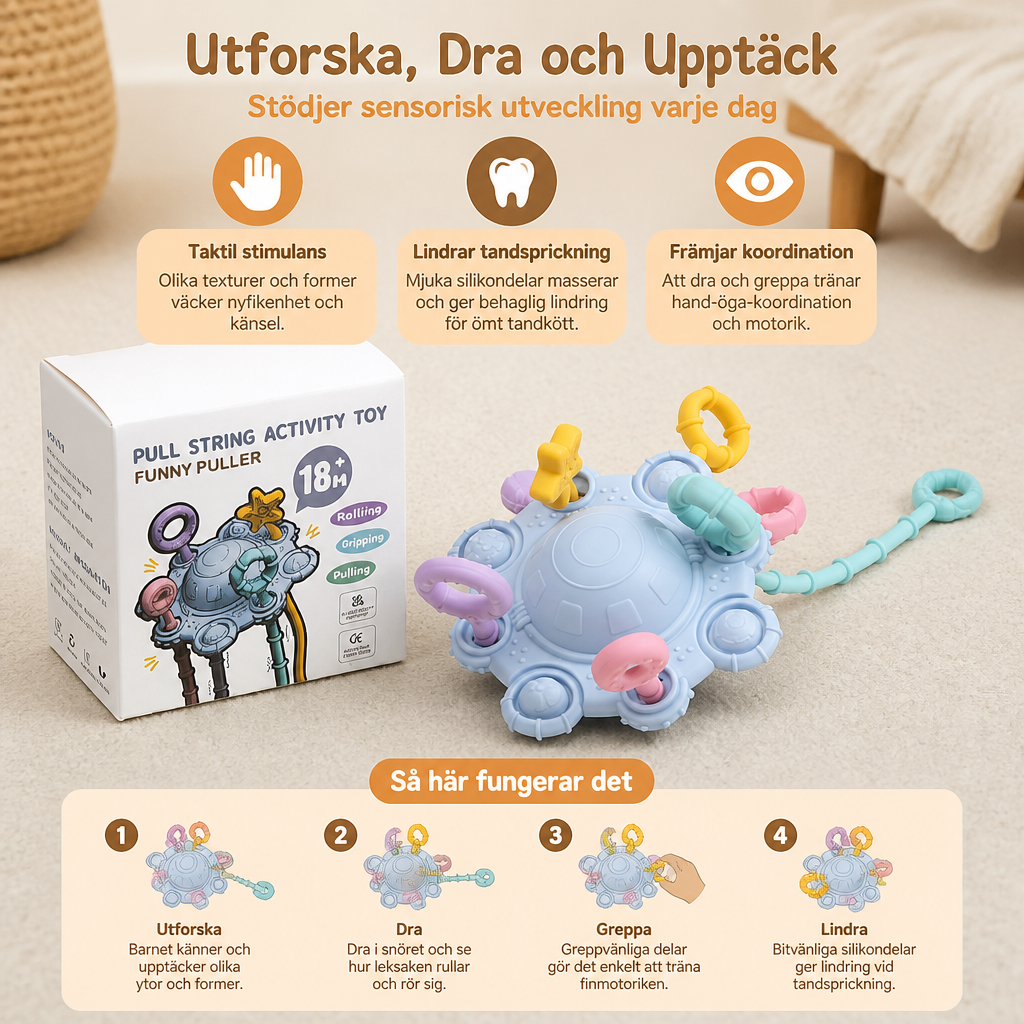 Montessori-sensorisk dragleksak för att utforska och upptäcka – dragleksak i silikon för att främja taktil perception och lindra besvär vid tandsprickning