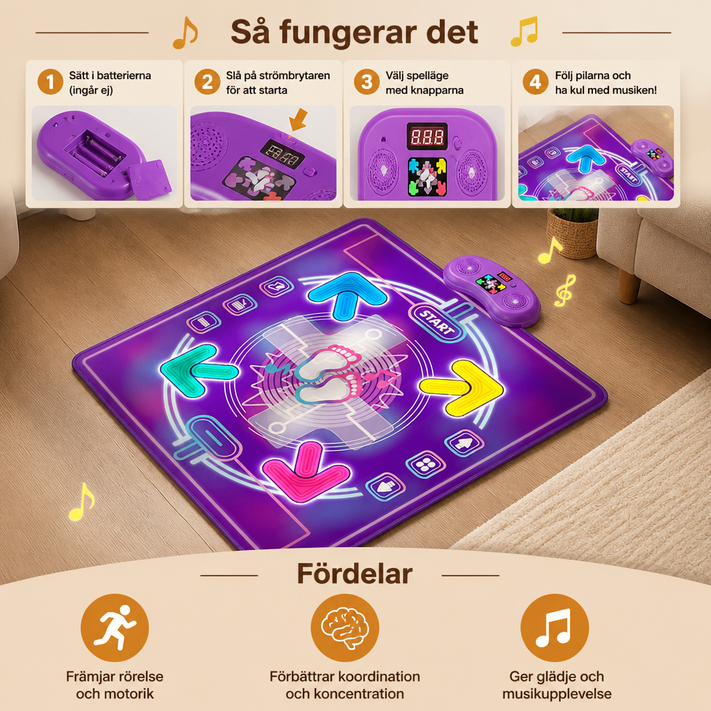 Interaktiv dansmatta med musik och LED-lampor för barn
