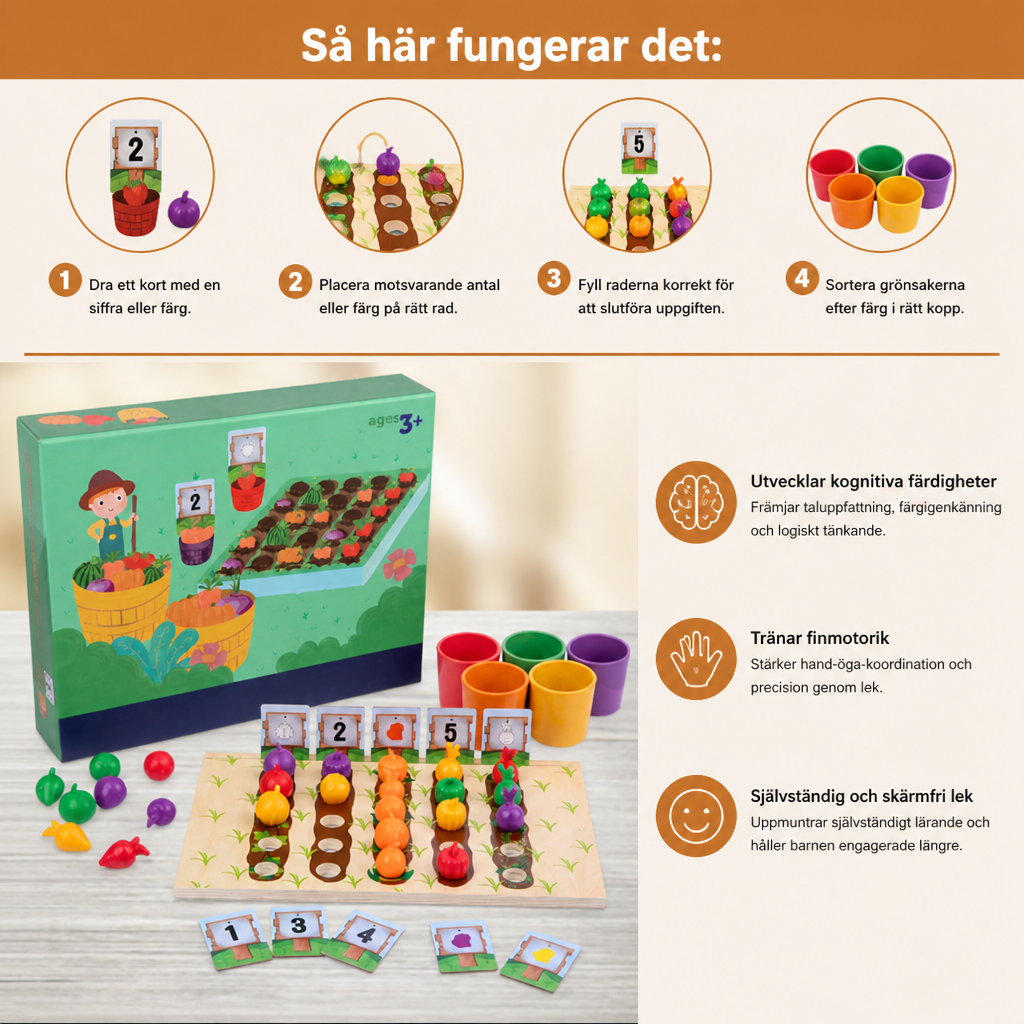 Montessori sorteringsspel med färger och siffror – lärorik bondgårdskalender