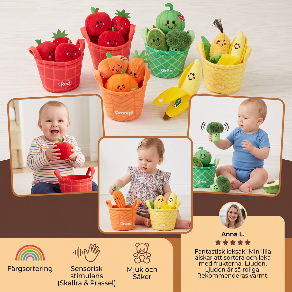 Mjuk Frukt- och Grönsaksleksak för Bebisar – 4-pack Färgsorteringsset med Skallra och Prasseleffekt