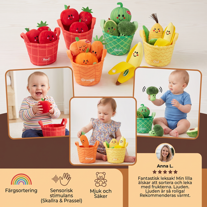 Mjuk Frukt- och Grönsaksleksak för Bebisar – 4-pack Färgsorteringsset med Skallra och Prasseleffekt
