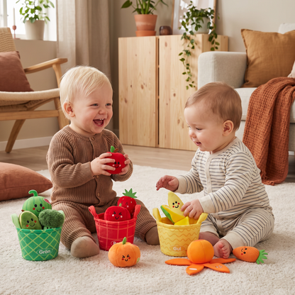 Mjuk Frukt- och Grönsaksleksak för Bebisar – 4-pack Färgsorteringsset med Skallra och Prasseleffekt
