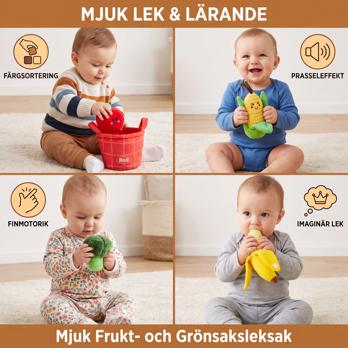 Mjuk Frukt- och Grönsaksleksak för Bebisar – 4-pack Färgsorteringsset med Skallra och Prasseleffekt