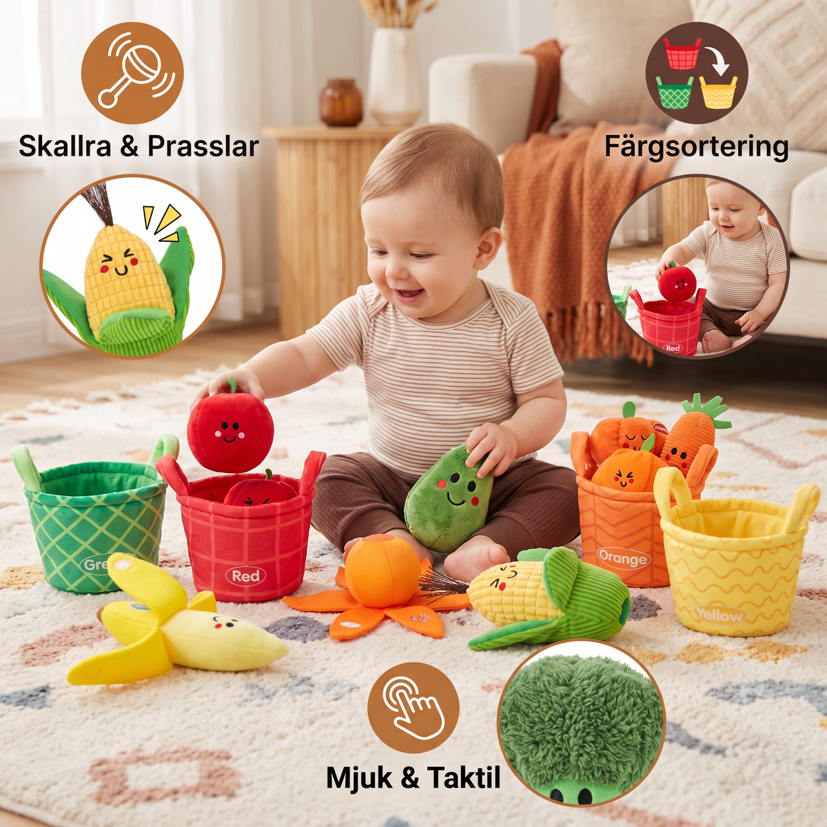 Mjuk Frukt- och Grönsaksleksak för Bebisar – 4-pack Färgsorteringsset med Skallra och Prasseleffekt