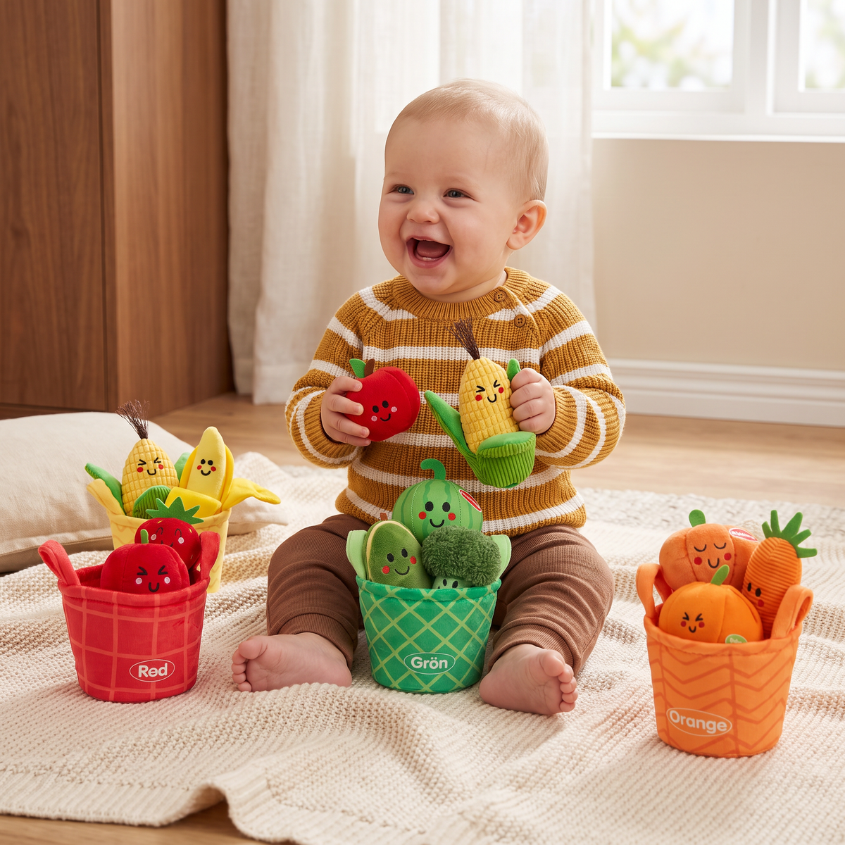 Mjuk Frukt- och Grönsaksleksak för Bebisar – 4-pack Färgsorteringsset med Skallra och Prasseleffekt