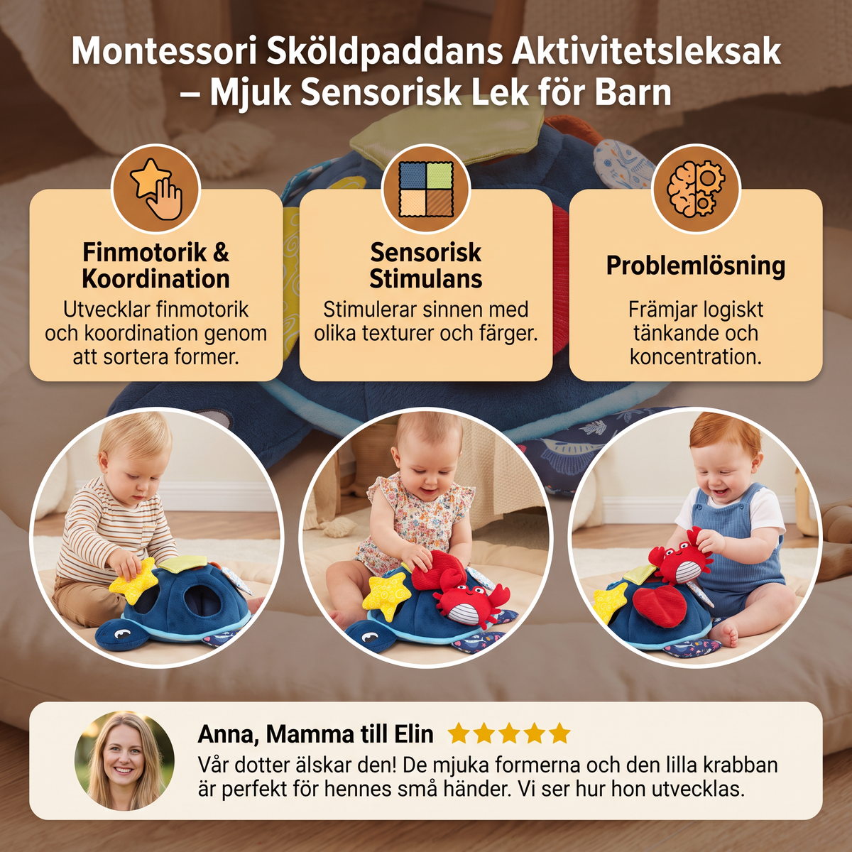 Montessori Sköldpaddans Aktivitetsleksak – Mjuk Sensorisk Lek för Barn