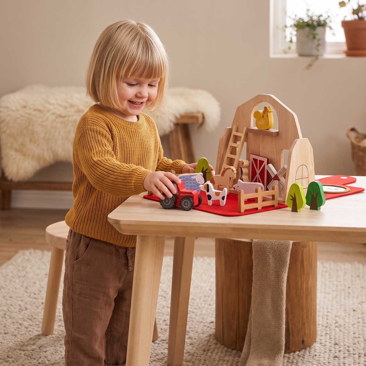 Montessori Trä- och Filtbondgård för Resor – Perfekt för Lek på Språng