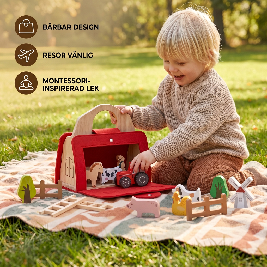 Montessori Trä- och Filtbondgård för Resor – Perfekt för Lek på Språng