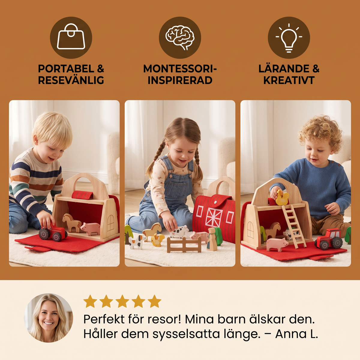 Montessori Trä- och Filtbondgård för Resor – Perfekt för Lek på Språng