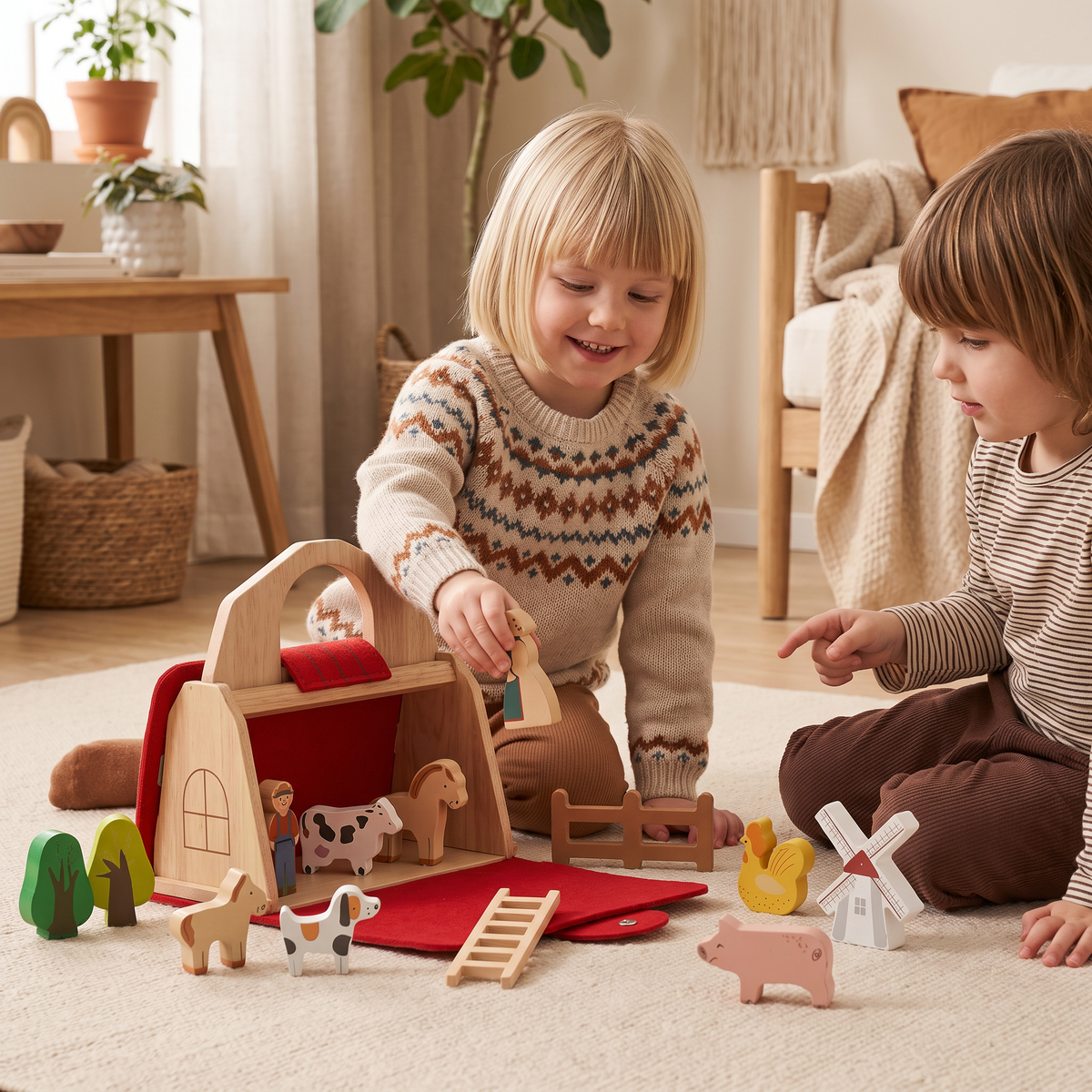 Montessori Trä- och Filtbondgård för Resor – Perfekt för Lek på Språng