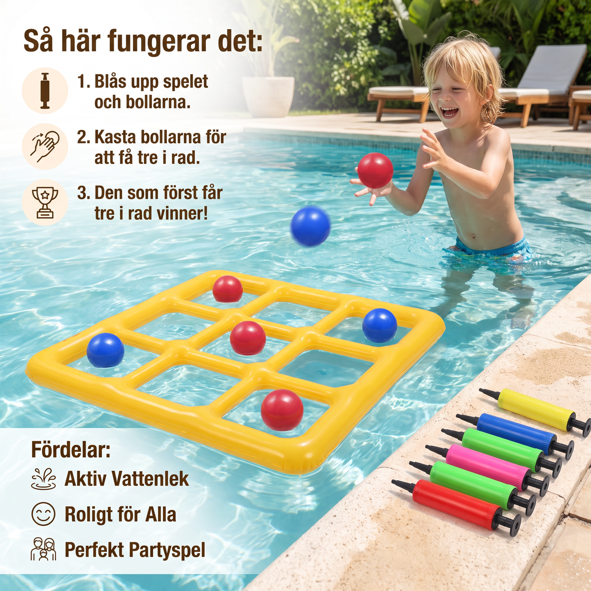 Uppblåsbart Pool Tic-Tac-Toe Spel – Vatten Partyspel med Bollar och Pump