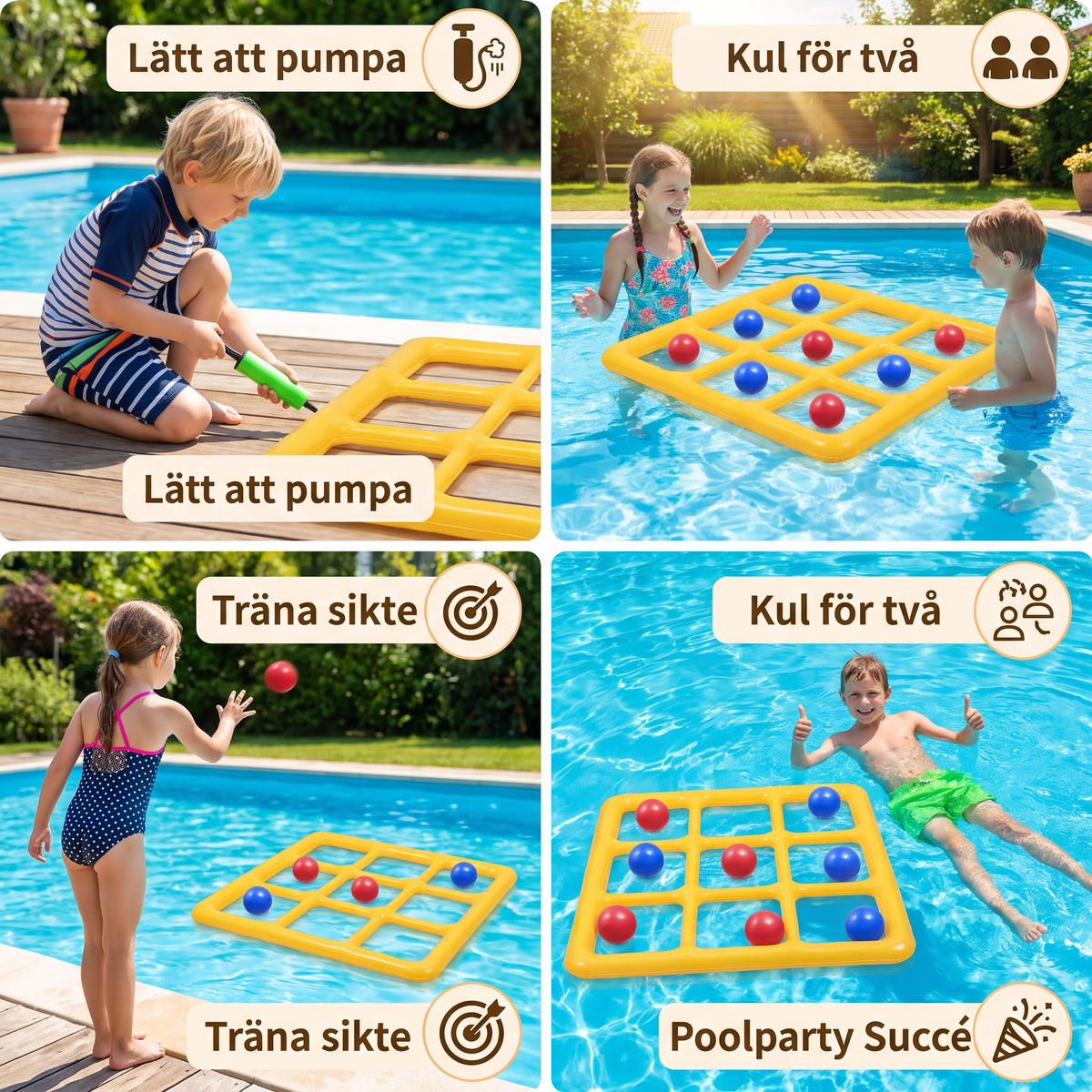 Uppblåsbart Pool Tic-Tac-Toe Spel – Vatten Partyspel med Bollar och Pump