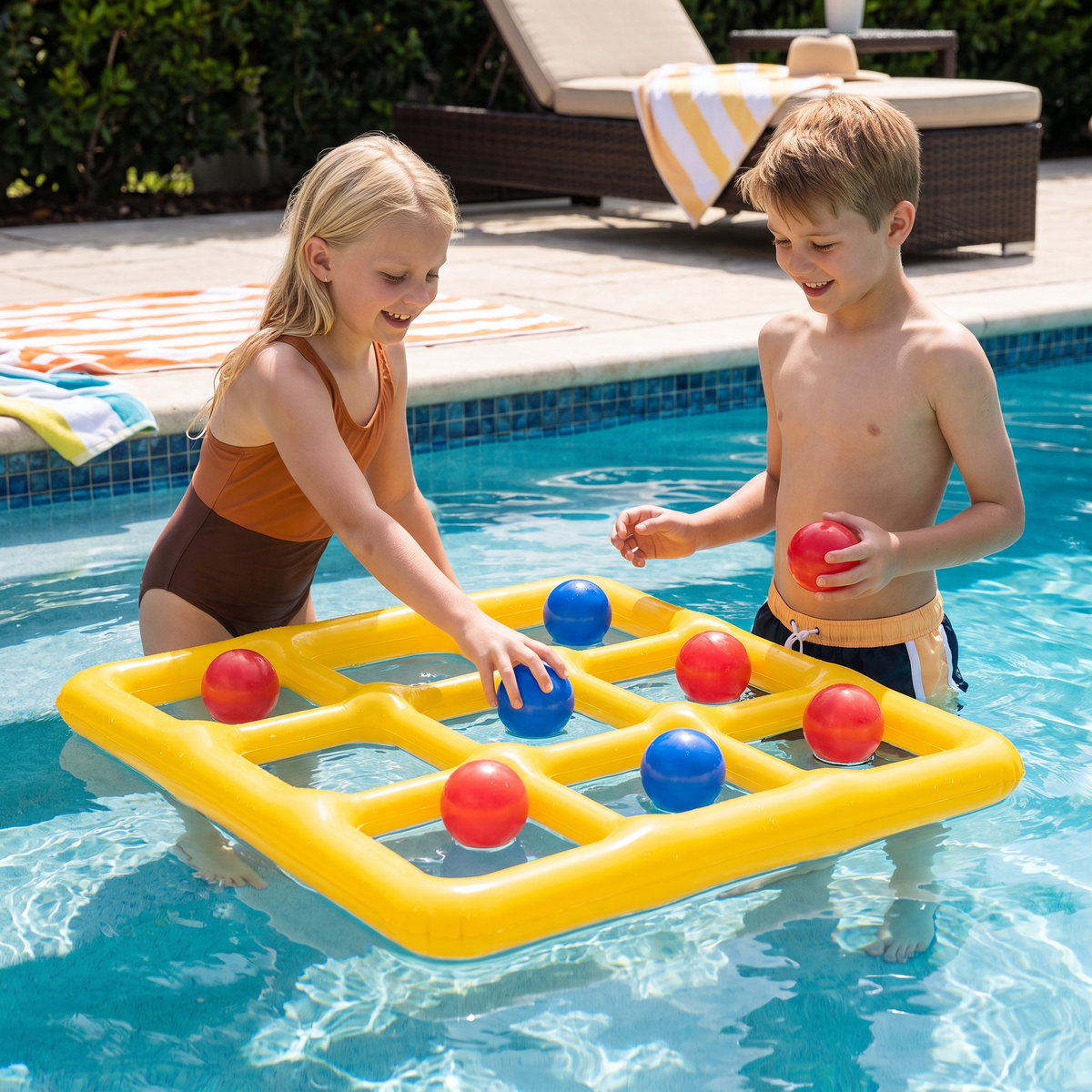 Uppblåsbart Pool Tic-Tac-Toe Spel – Vatten Partyspel med Bollar och Pump