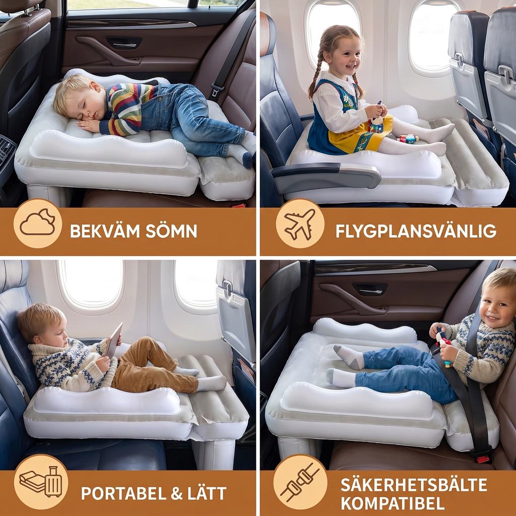 Nadmuchiwane łóżeczko podróżne för småbarn med förlängning av sittdelen för flygplan och bilar