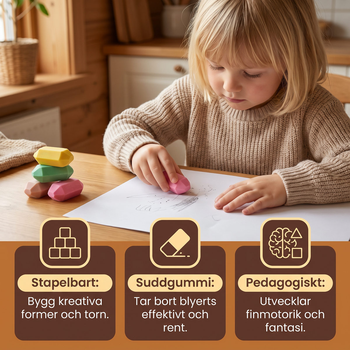 Stapelbart byggset med ädelstensformade suddgummin