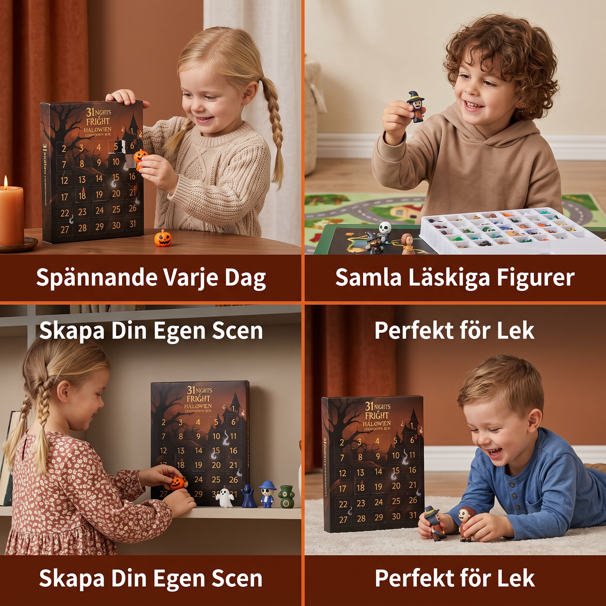 Halloween-nedräkningskalender med läskiga överraskningsfigurer och hängen