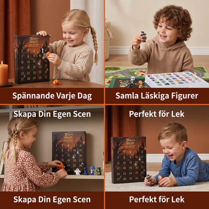 Halloween-nedräkningskalender med läskiga överraskningsfigurer och hängen