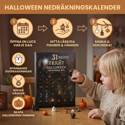 Halloween-nedräkningskalender med läskiga överraskningsfigurer och hängen