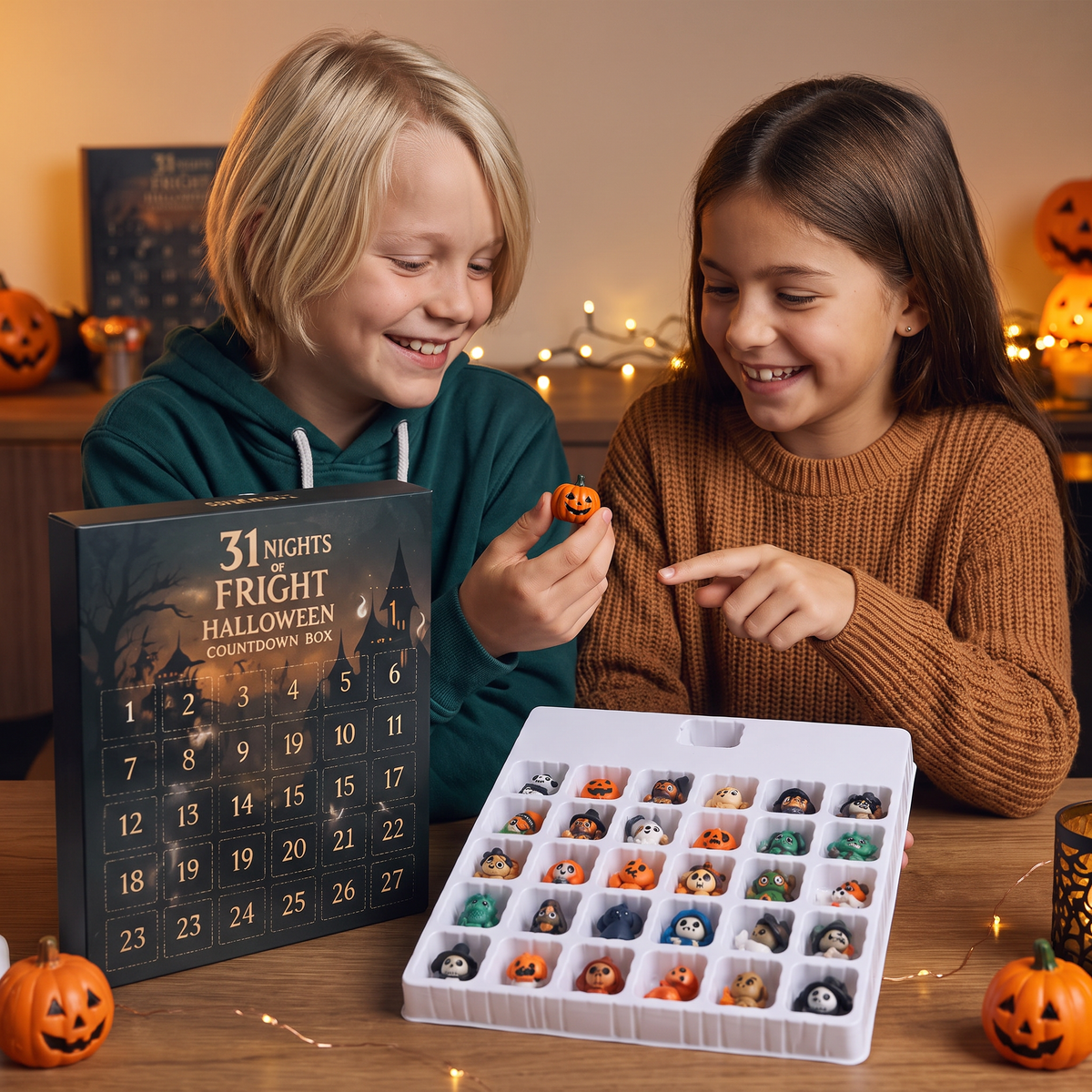 Halloween-nedräkningskalender med läskiga överraskningsfigurer och hängen