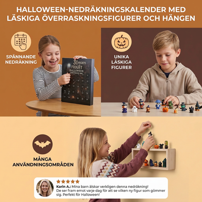 Halloween-nedräkningskalender med läskiga överraskningsfigurer och hängen