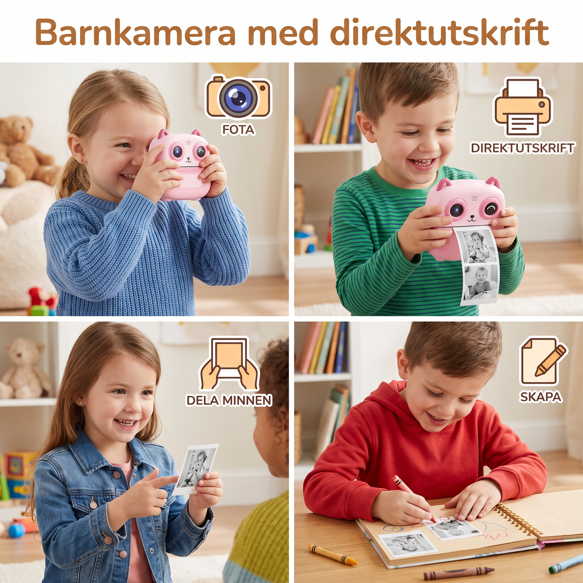 Barnkamera med direktutskrift – Mini digitalkamera med HD-foto och inbyggd skrivare