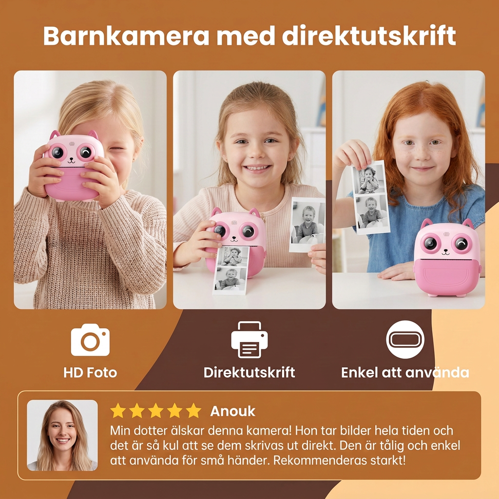 Barnkamera med direktutskrift – Mini digitalkamera med HD-foto och inbyggd skrivare