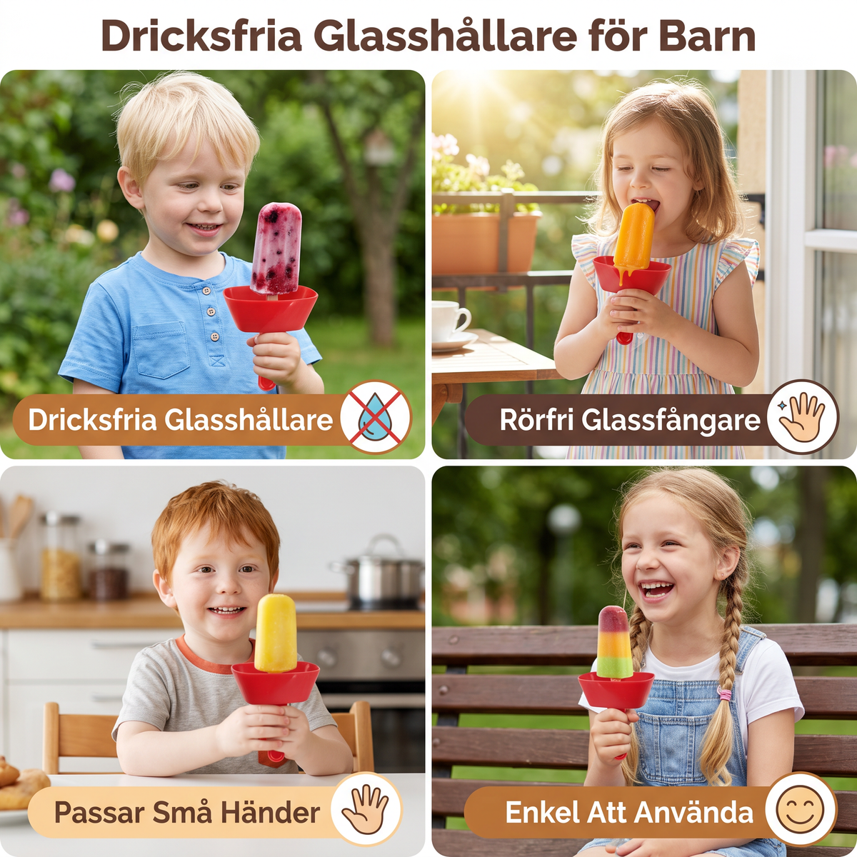 Dricksfria Glasshållare för Barn – Rörfri Glassfångare med Sugrör