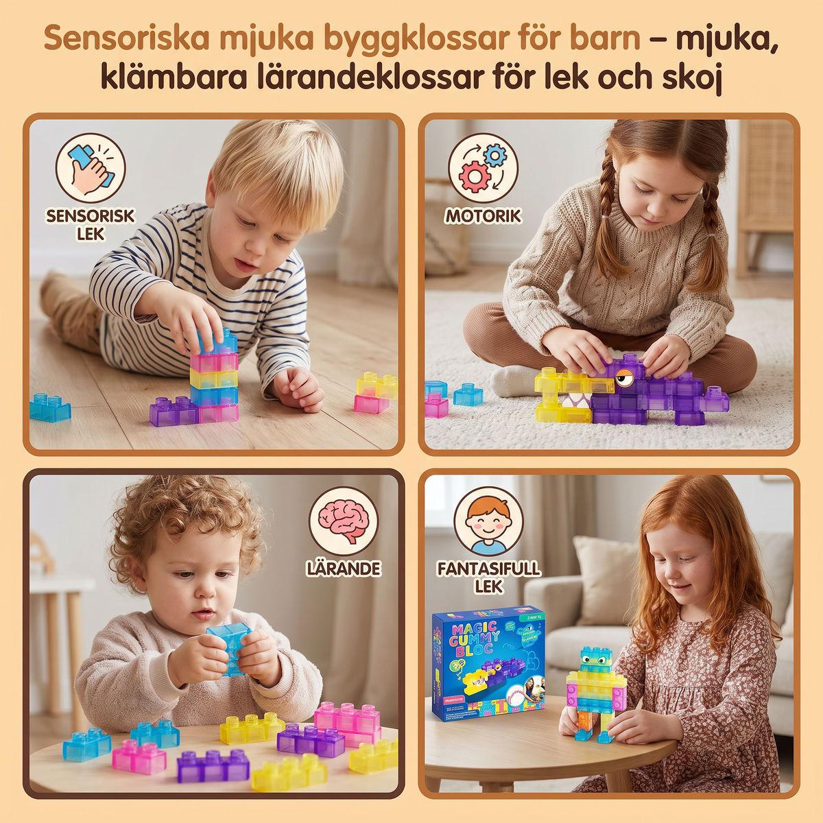 Sensoriska mjuka byggklossar för barn – mjuka, klämbara lärandeklossar för lek och skoj