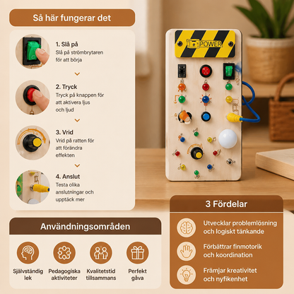 Montessori Sensorikbräda i Trä med Lampor och Strömbrytare – Motorikleksak för Barn