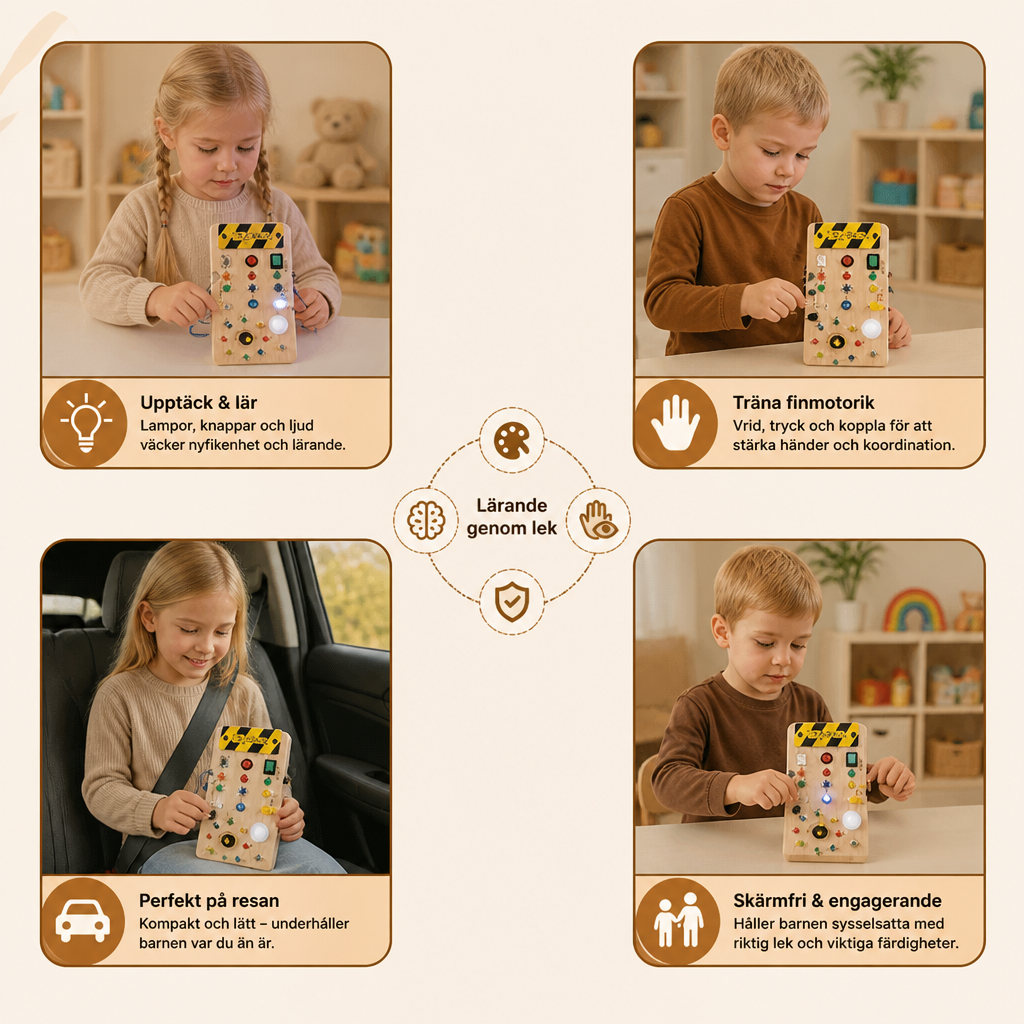 Montessori Sensorikbräda i Trä med Lampor och Strömbrytare – Motorikleksak för Barn