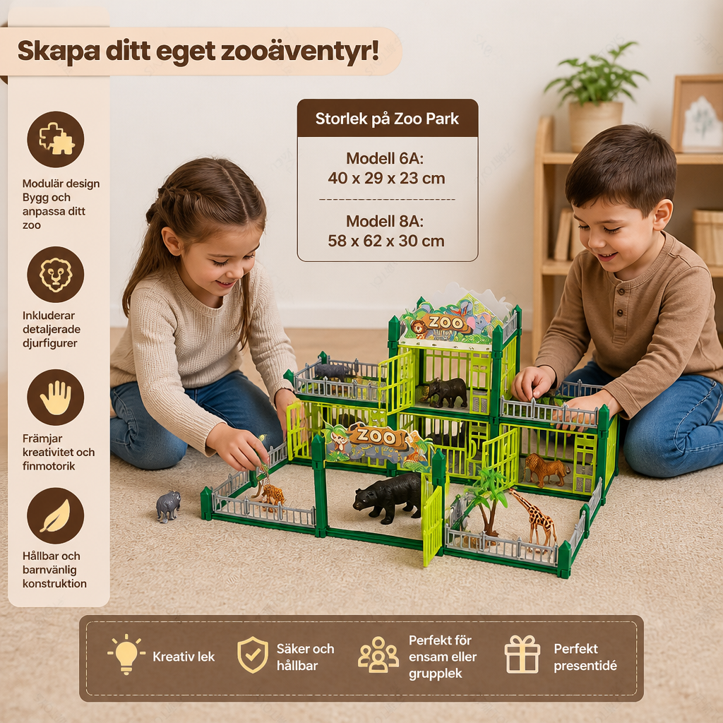 Modulärt Zoo-Byggset Att Bygga Själv Med Djurfigurer & Interaktiva Inhägnader