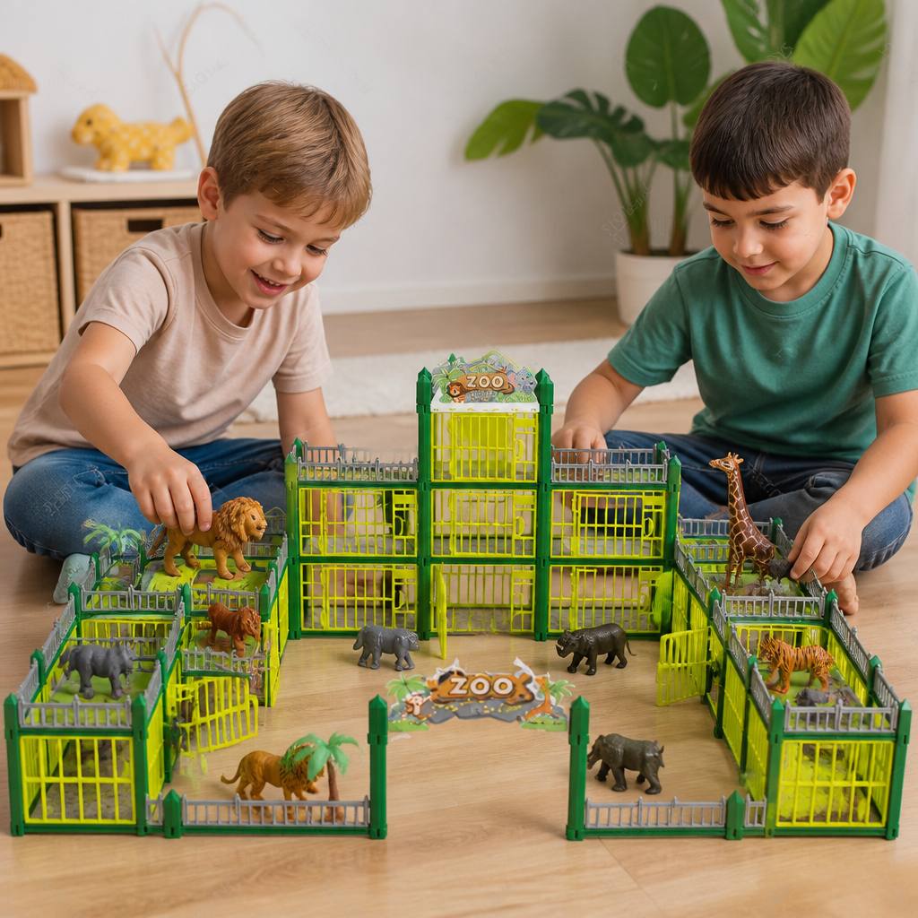 Modulärt Zoo-Byggset Att Bygga Själv Med Djurfigurer & Interaktiva Inhägnader
