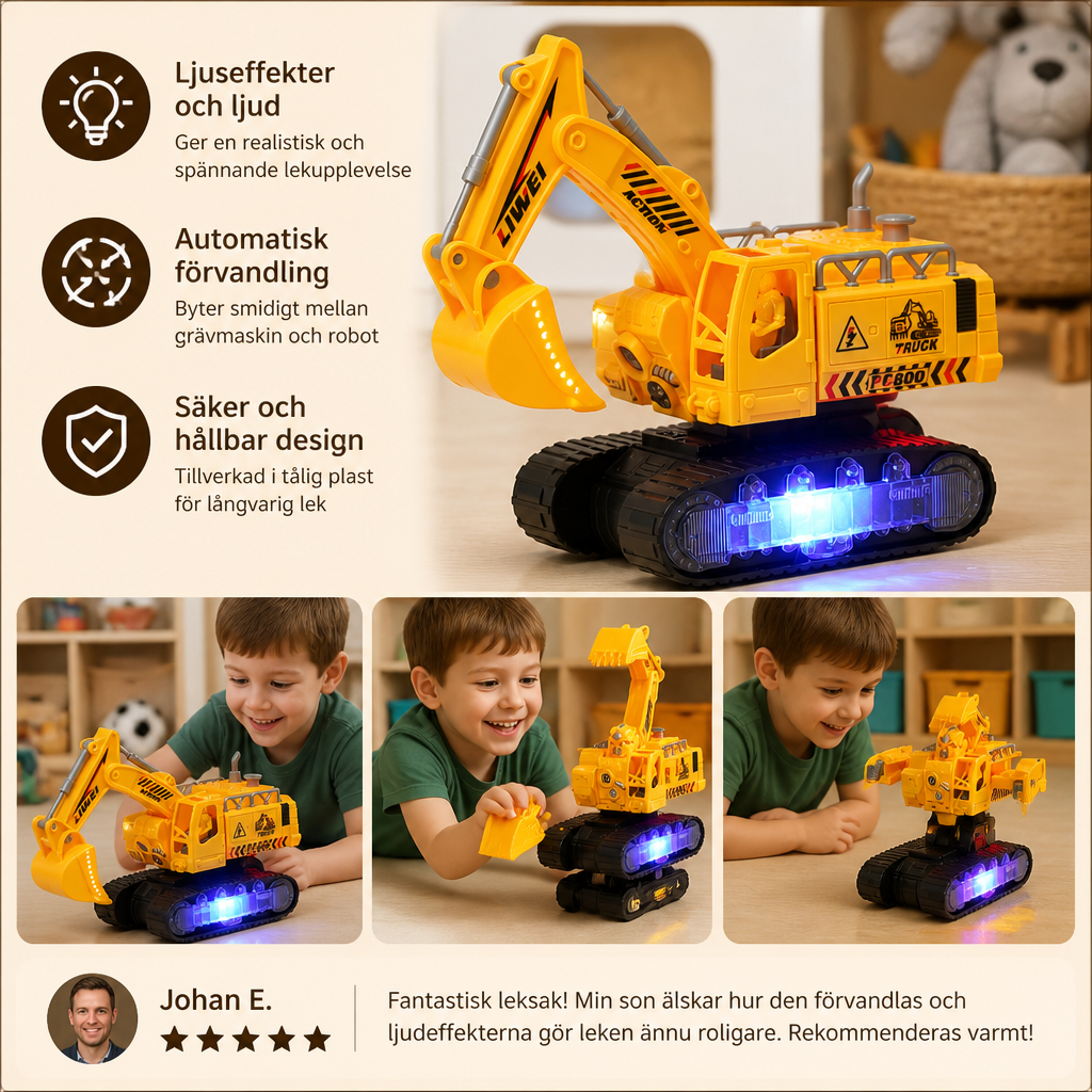 Elektrisk Förvandlande Robotgrävmaskinleksak med Ljus och Ljud