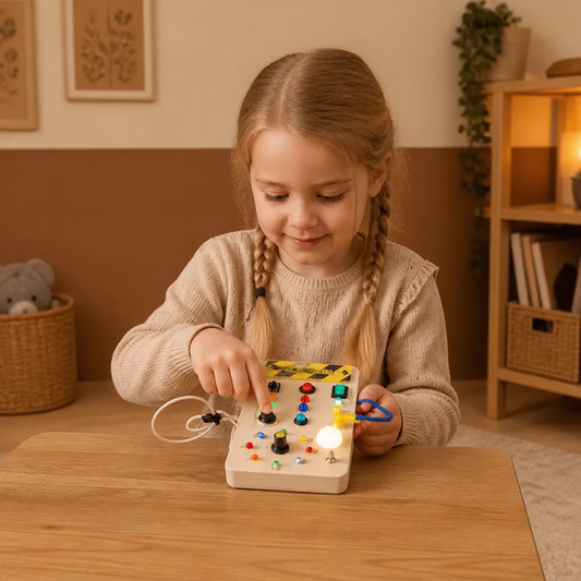 Montessori Sensorikbräda i Trä med Lampor och Strömbrytare – Motorikleksak för Barn