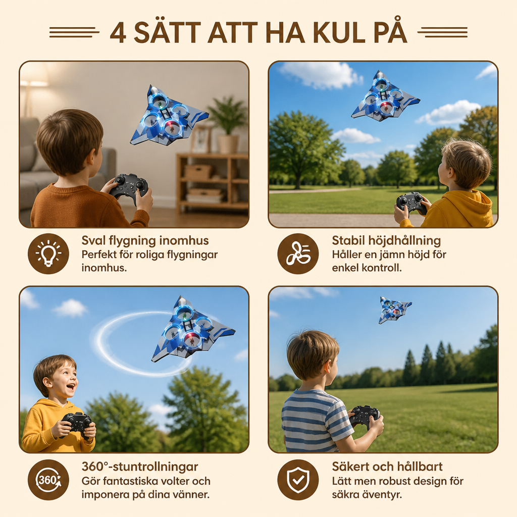 Robust RC-stridsflygplan i skum med höjdhållning och 360°-stuntrollningar