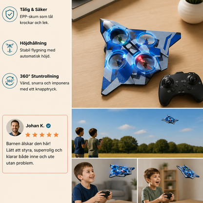 Robust RC-stridsflygplan i skum med höjdhållning och 360°-stuntrollningar