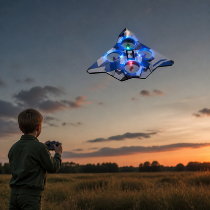 Robust RC-stridsflygplan i skum med höjdhållning och 360°-stuntrollningar
