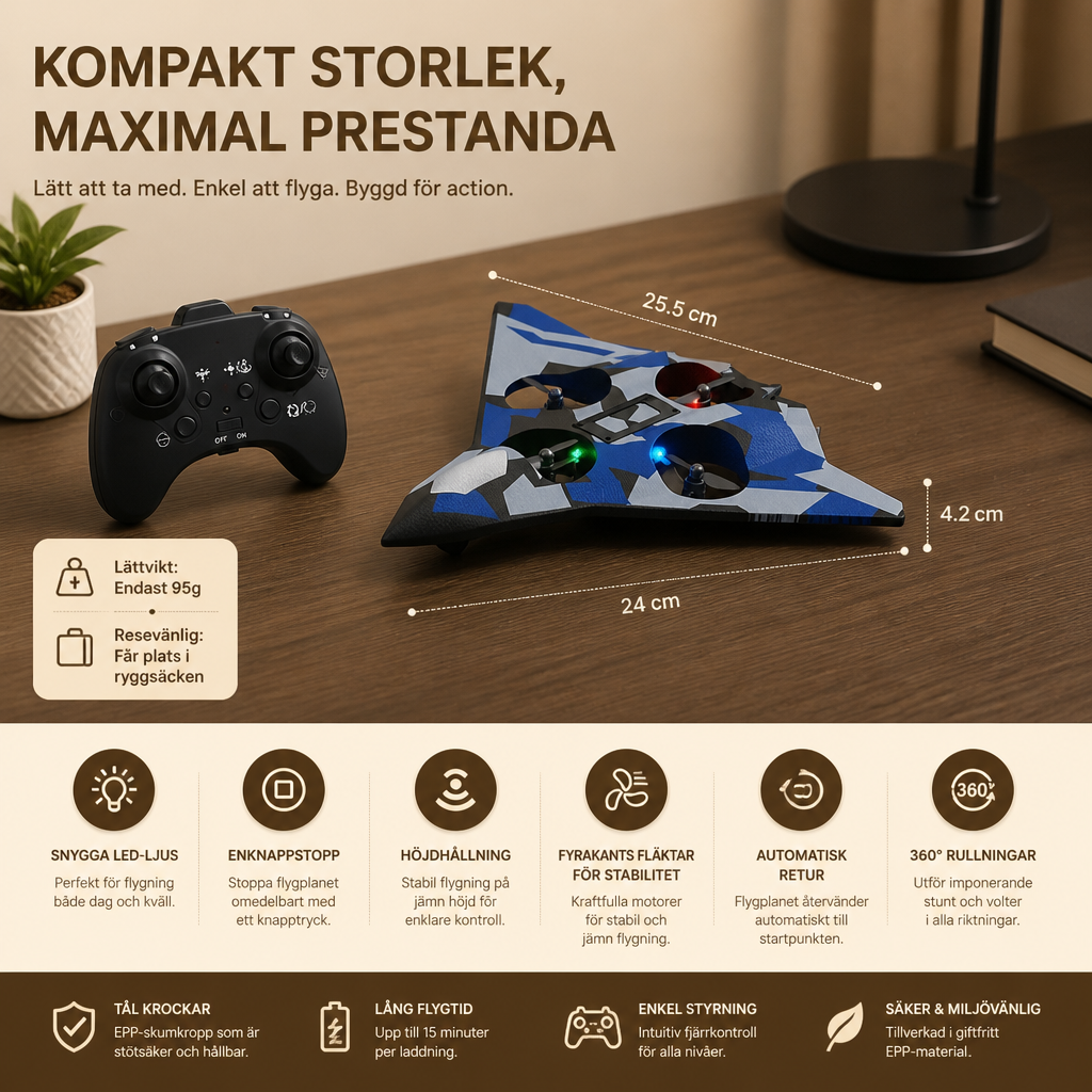 Robust RC-stridsflygplan i skum med höjdhållning och 360°-stuntrollningar