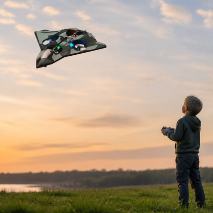 Robust RC-stridsflygplan i skum med höjdhållning och 360°-stuntrollningar