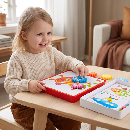 Kreativ kugghjulspusselbräda i resebox med aktivitetskort för barn