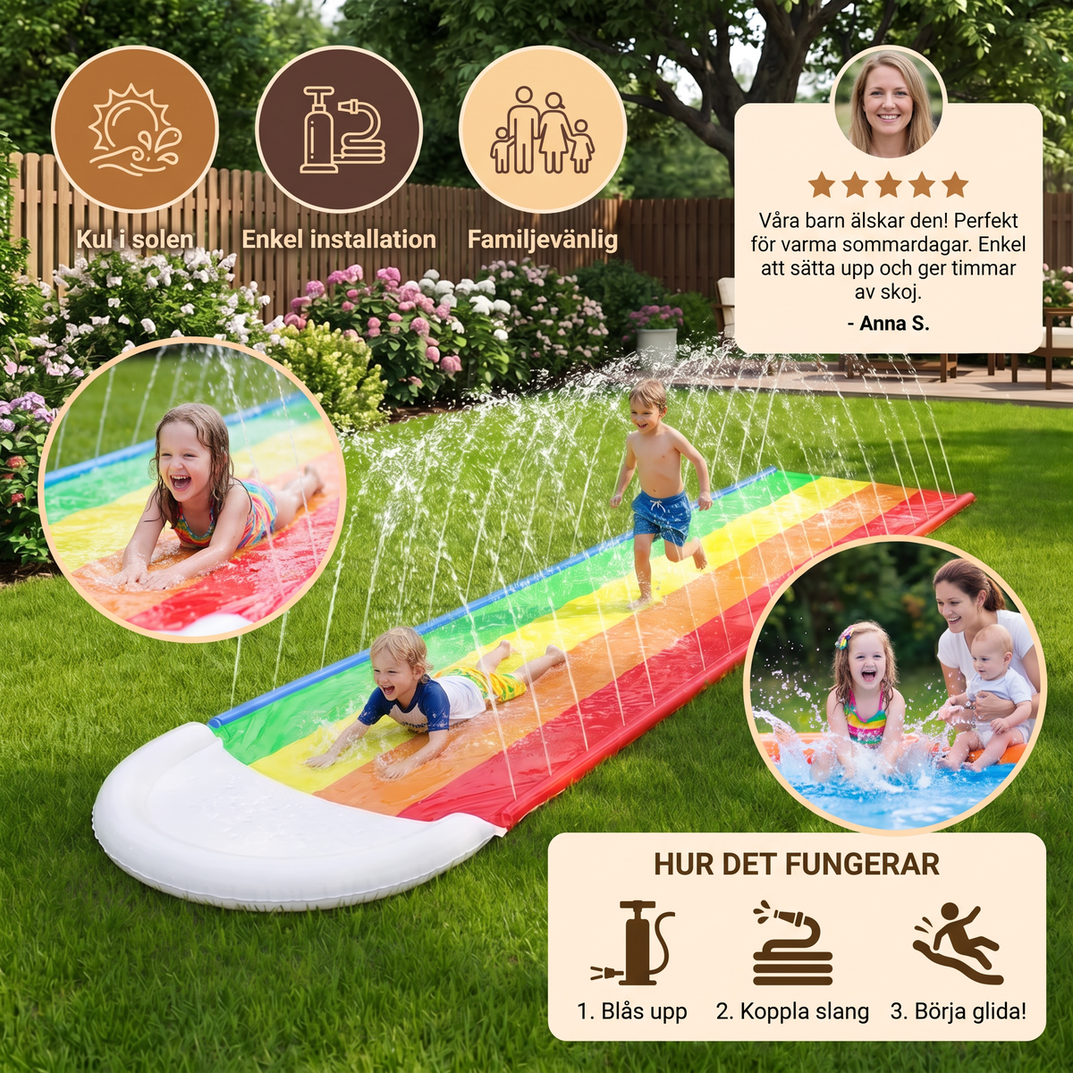 Regenbogens Water Slide – Uppblåsbar Ute-rutschkana för Barn & Familj