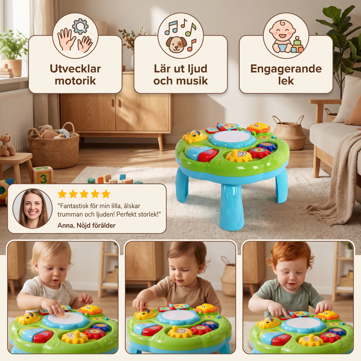 Baby Musikaktivitetstabell med Trumma, Kugghjul och Djurljud