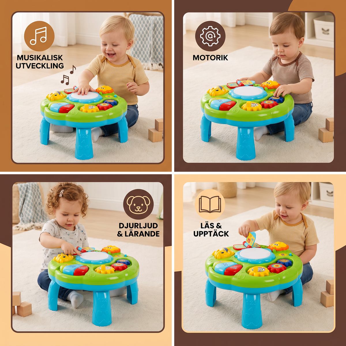 Baby Musikaktivitetstabell med Trumma, Kugghjul och Djurljud