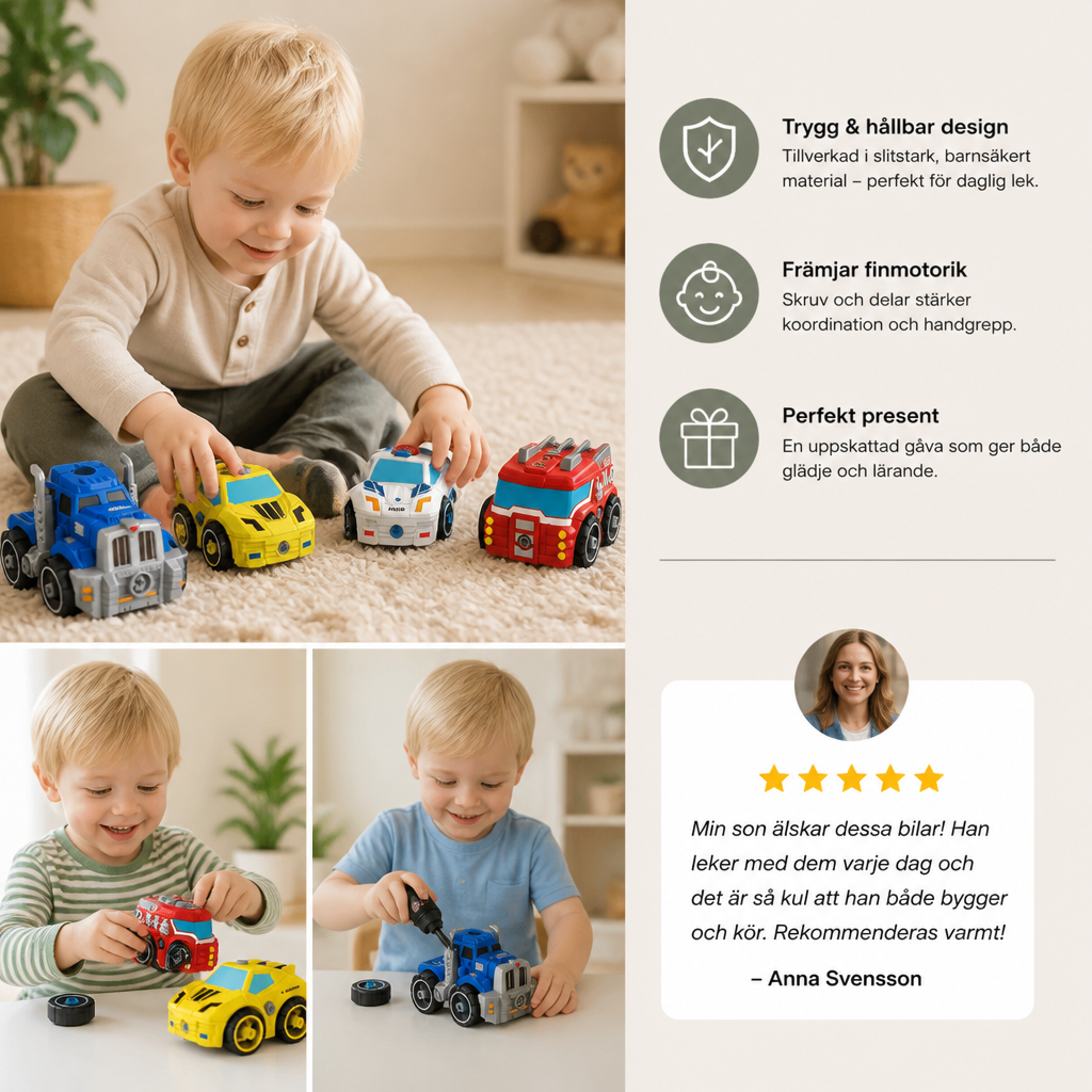 4-delars DIY-set med isärtagbara stadsfordon och leksaksborrmaskin